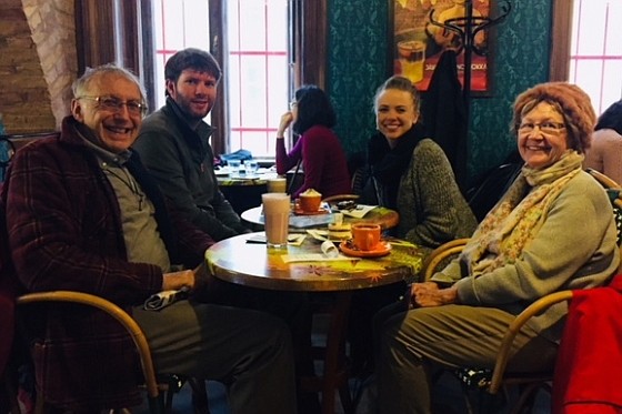 In March, Pastor Warren Kirk and his wife, Helen went to Europe to celebrate their 50th wedding anniversary. They met with Patrick and Jessica Alyea at a coffee house in Budapest, Hungary.