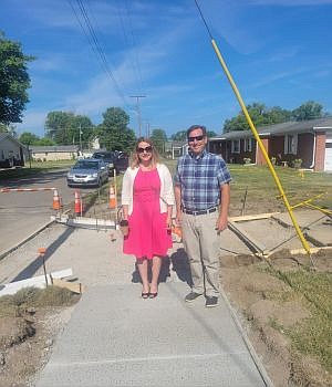 Indiana State Representative Jennifer Meltzer and Jason Eckart check out progress of the sidewalk project June 22, 2023. Photo credit: Town of Hope, submitted.