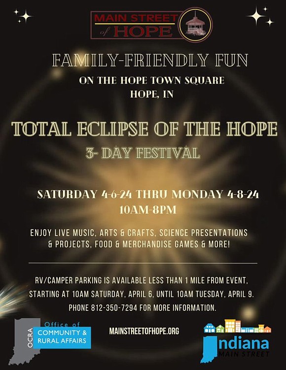 Official flyer for the Total Eclipse of the Hope event on the Hope Town Square April 8, 2024. Photo credit: Main Street of Hope.