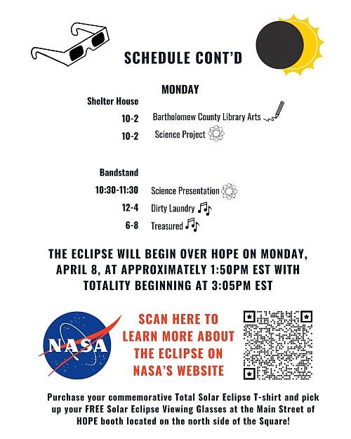 Schedule page 2 from Total Eclipse of the Hope on the Hope Town Square April 8, 2024. Photo credit: Main Street of Hope.