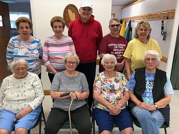 HUMC Exercise Group from (left to right) Back Row: Pat May, Pam May, Barry Becker, Becky Tibbs, Margie Boilanger. Front Row: Mary Hoy, Mae Jesse, June Gilliland and Helga Harker. Photo credit: Herb Boilanger.