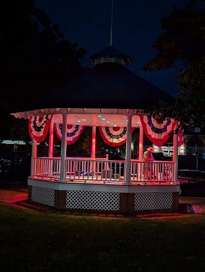 Festive gazebo on the Hope Town Square during the return of Hope's Old-Fashioned Independence Day celebration, hosted by the Yellow Trail Museum, on Friday, June 28, 2024, in downtown Hope, Ind. Photo credit: Susan Thayer-Fye.