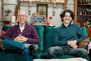 Comedic duo (seated left to right) J. Rob Taylor and Alex Baylor. "Greater Tuna" opens this weekend Friday, March 7, 2025 at WILLow LeaVes of Hope in Hope, Ind. Photo credit: Courtesy of Passion for Acting Theatre Company/Kathryn Baylor Photography.