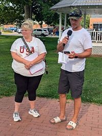 Hope Heritage days board members Jenni Richards and Chad Miller announced this year's Grand Marshal during a ceremony on the Hope Town Square on Thursday afternoon. Aug. 7, 2025. Photo credit: Hope Heritage Days.